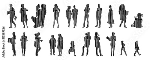 Vector silhouettes, Outline silhouettes of people, Contour drawing, people silhouette, Icon Set Isolated, Silhouette of sitting people, Architectural set	
