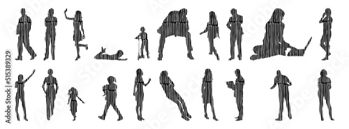 Vector silhouettes, Outline silhouettes of people, Contour drawing, people silhouette, Icon Set Isolated, Silhouette of sitting people, Architectural set	
