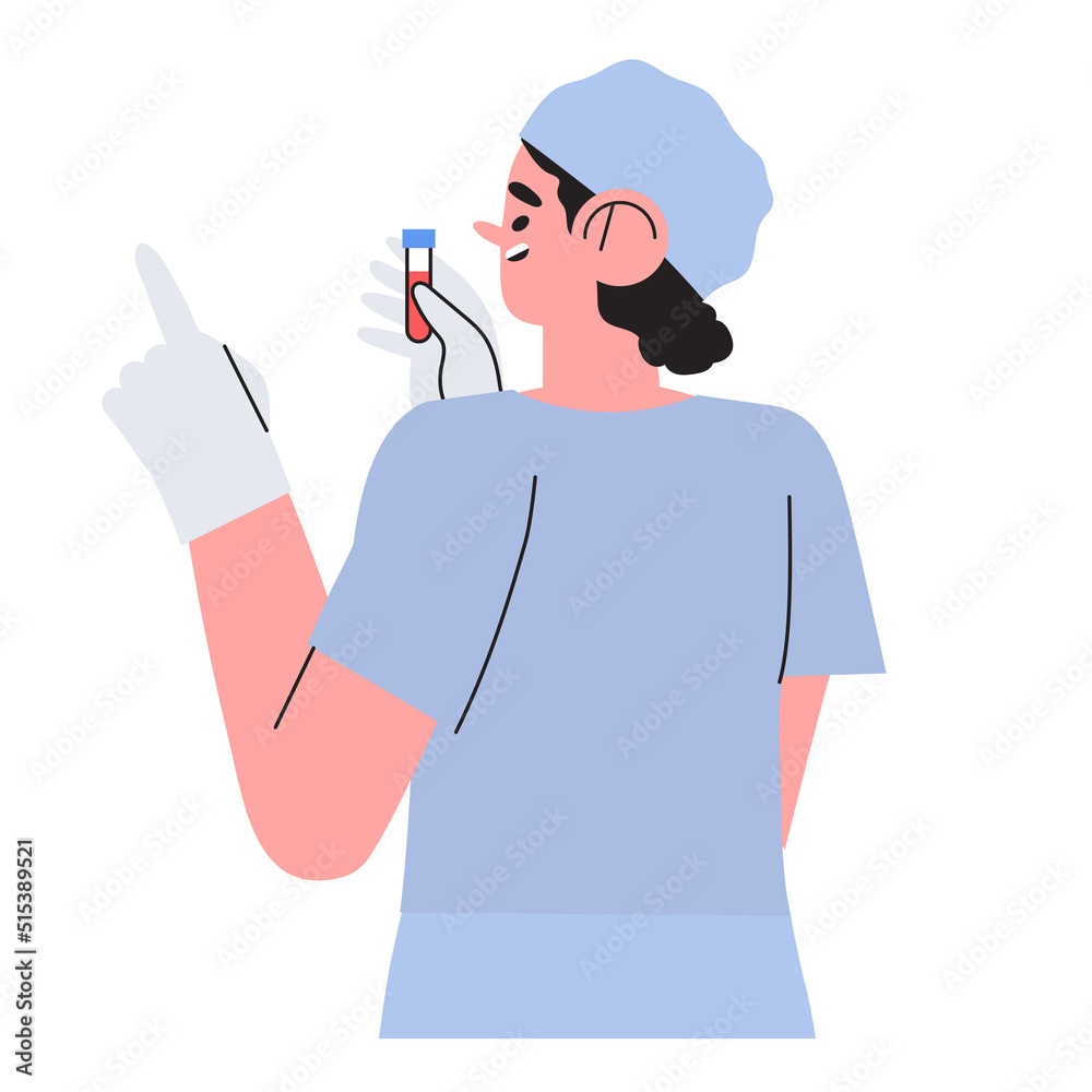 Doctor or scientist doing biochemical test analyses. Female medical or health care worker with test tube results or blood specimens. Concept for hospital, private clinic or commercial health center. Doctor or scientist doing biochemical test analyses. Female medical or health care worker with test tube results or blood specimens. Concept for hospital, private clinic or commercial health center.