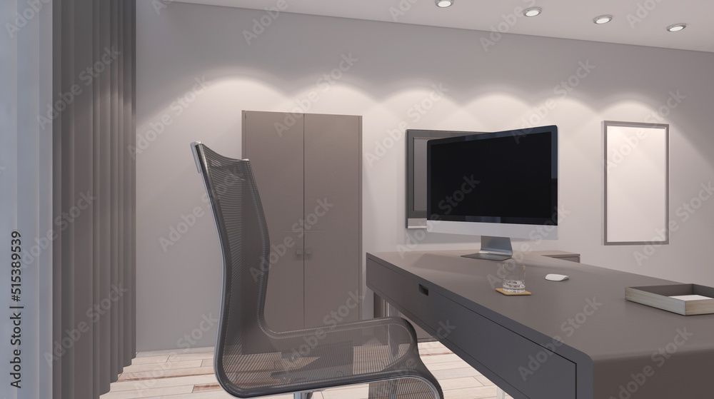 Fototapeta premium Furniture set with table, chairs and devices. 3D rendering.. Mockup. Empty paintings