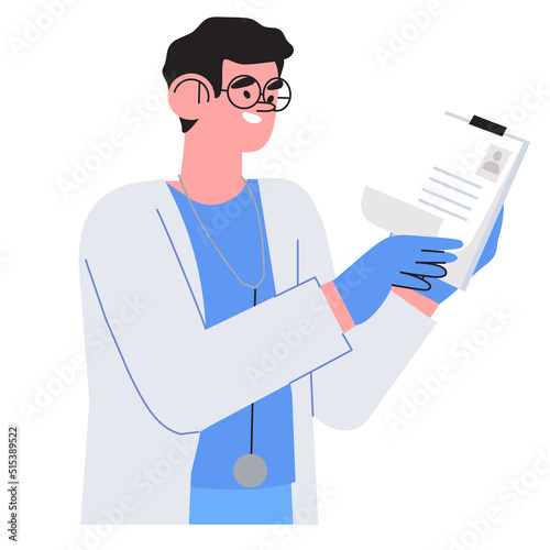Doctor or scientist check biochemical test analyses. Male medical or health care worker with test or blood express analyses results. Concept for hospital, private clinic or commercial health center.