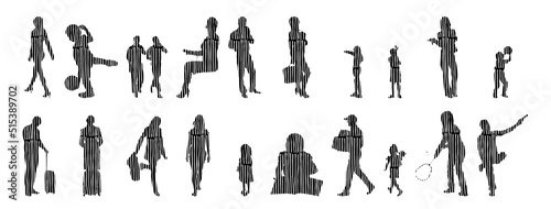 Vector silhouettes, Outline silhouettes of people, Contour drawing, people silhouette, Icon Set Isolated, Silhouette of sitting people, Architectural set	
