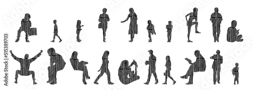 Vector silhouettes, Outline silhouettes of people, Contour drawing, people silhouette, Icon Set Isolated, Silhouette of sitting people, Architectural set	
