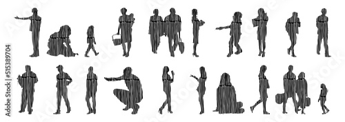 Vector silhouettes, Outline silhouettes of people, Contour drawing, people silhouette, Icon Set Isolated, Silhouette of sitting people, Architectural set	
