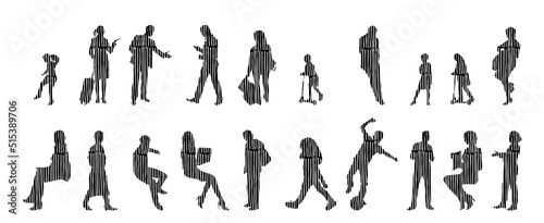 Vector silhouettes, Outline silhouettes of people, Contour drawing, people silhouette, Icon Set Isolated, Silhouette of sitting people, Architectural set	
