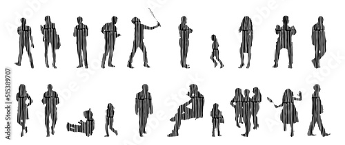 Vector silhouettes, Outline silhouettes of people, Contour drawing, people silhouette, Icon Set Isolated, Silhouette of sitting people, Architectural set	
