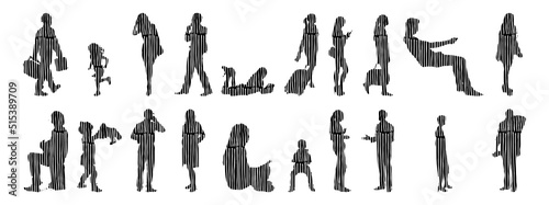 Vector silhouettes, Outline silhouettes of people, Contour drawing, people silhouette, Icon Set Isolated, Silhouette of sitting people, Architectural set	
