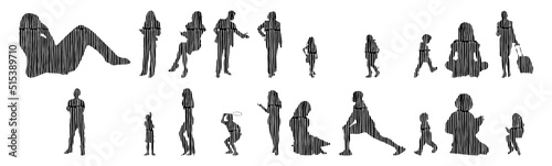 Vector silhouettes, Outline silhouettes of people, Contour drawing, people silhouette, Icon Set Isolated, Silhouette of sitting people, Architectural set	
