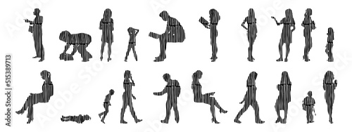 Vector silhouettes, Outline silhouettes of people, Contour drawing, people silhouette, Icon Set Isolated, Silhouette of sitting people, Architectural set	
