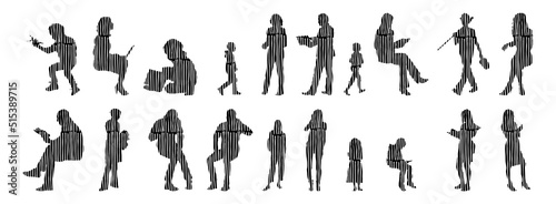 Vector silhouettes, Outline silhouettes of people, Contour drawing, people silhouette, Icon Set Isolated, Silhouette of sitting people, Architectural set	
