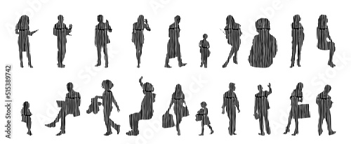 Vector silhouettes, Outline silhouettes of people, Contour drawing, people silhouette, Icon Set Isolated, Silhouette of sitting people, Architectural set	
