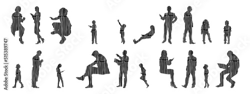 Vector silhouettes, Outline silhouettes of people, Contour drawing, people silhouette, Icon Set Isolated, Silhouette of sitting people, Architectural set	
