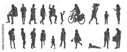 Vector silhouettes, Outline silhouettes of people, Contour drawing, people silhouette, Icon Set Isolated, Silhouette of sitting people, Architectural set	
