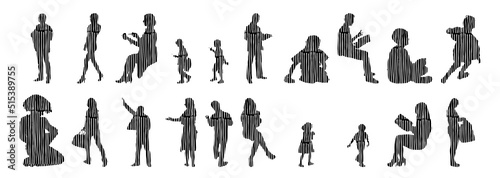 Vector silhouettes, Outline silhouettes of people, Contour drawing, people silhouette, Icon Set Isolated, Silhouette of sitting people, Architectural set	
