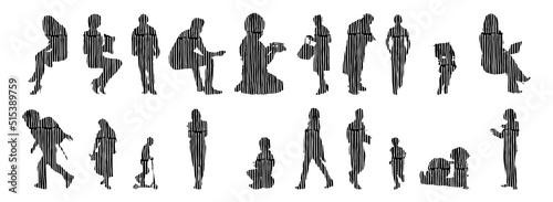 Vector silhouettes, Outline silhouettes of people, Contour drawing, people silhouette, Icon Set Isolated, Silhouette of sitting people, Architectural set	
