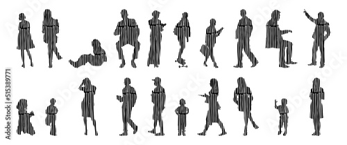 Vector silhouettes, Outline silhouettes of people, Contour drawing, people silhouette, Icon Set Isolated, Silhouette of sitting people, Architectural set	
