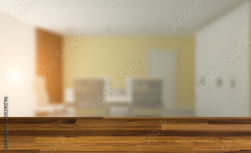 Office interior design in whire color. 3D rendering.. Sunset.. Background with empty wooden table. Flooring.