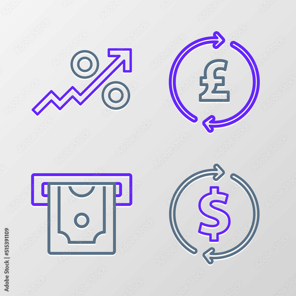 Set line Financial growth and dollar, ATM money, Coin with pound and Percent up arrow icon. Vector Set line Financial growth and dollar, ATM money, Coin with pound and Percent up arrow icon. Vector