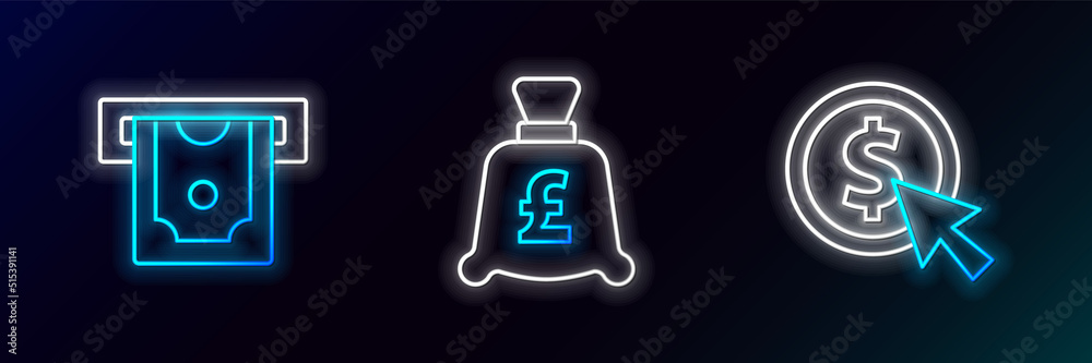 Set line Coin money with dollar, ATM and and pound icon. Glowing neon. Vector Set line Coin money with dollar, ATM and and pound icon. Glowing neon. Vector