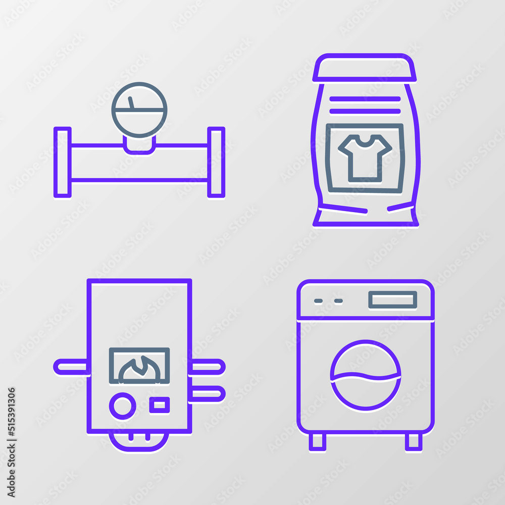 Set line Washer, Gas boiler, Laundry detergent and Industry pipe and manometer icon. Vector Set line Washer, Gas boiler, Laundry detergent and Industry pipe and manometer icon. Vector