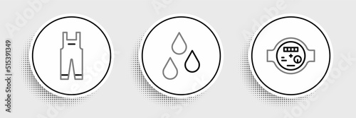 Set line Water meter, Work overalls and drop icon. Vector