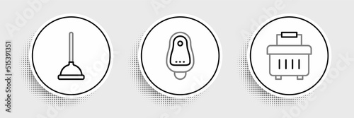 Set line Toolbox, Rubber plunger and Toilet urinal or pissoir icon. Vector