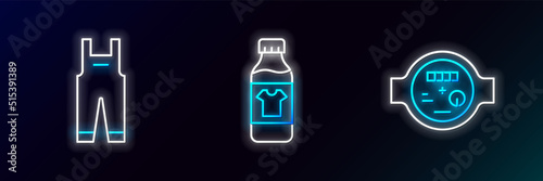 Set line Water meter, Work overalls and Bottle for cleaning agent icon. Glowing neon. Vector