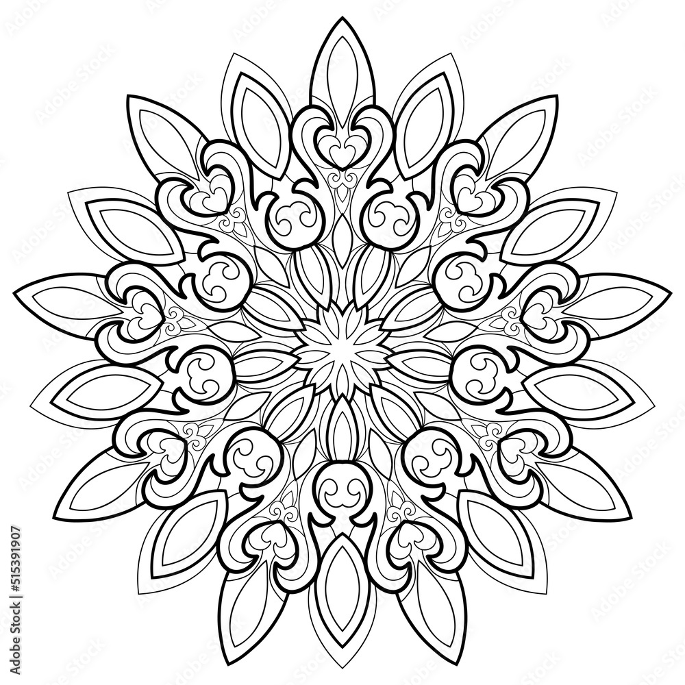 Decorative mandala with simple patterns and elements on a white isolated background. For coloring book pages.