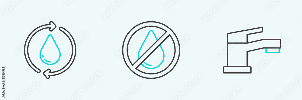 Set line Water tap, Recycle clean aqua and drop forbidden icon. Vector Set line Water tap, Recycle clean aqua and drop forbidden icon. Vector