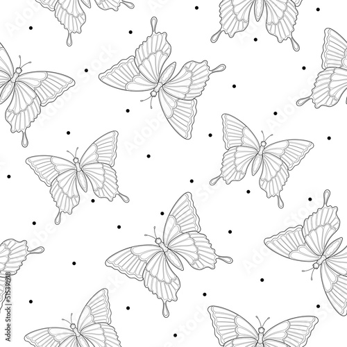 Line drawn butterflies with simple decoration and black dots on a white background. Insects. Seamless summer pattern. Suit for packaging  textile.
