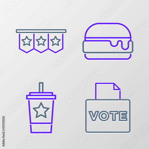 Set line Vote box, Paper glass with straw, Burger and Carnival garland flags icon. Vector