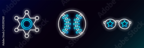 Set line Glasses with stars, Hexagram sheriff and Baseball ball icon. Glowing neon. Vector © Oksana