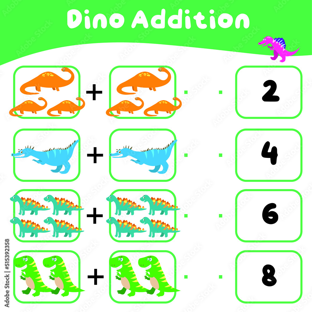Math worksheet with dinosaur theme. Learning how to counting for preschool children. Educational printable sheet. Vector illustration. 