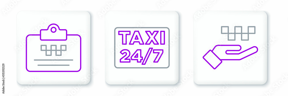Set line Hand with taxi, Taxi driver license and Location icon. Vector Set line Hand with taxi, Taxi driver license and Location icon. Vector