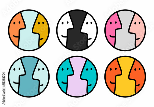 Two people together talking set of colorful icons in cartoon doodle style vibrant colors