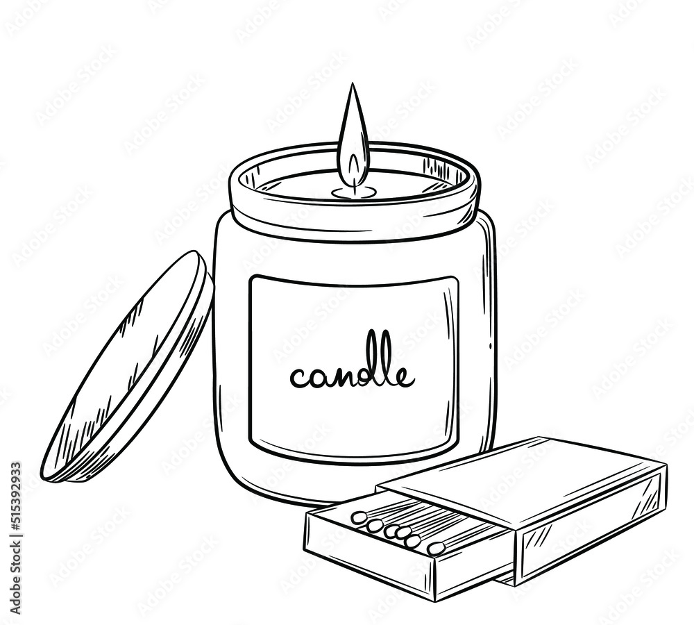 Stockvector Burning candle in a jar with hand drawn label. Doodle