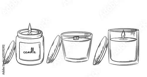 A selection of wax candles with a wick in a glass candlestick with a wooden lid. Sketch in doodle style. Drawing of a burning candle in a jar drawn in line style. Isolated vector illustration.