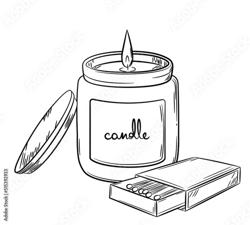 Burning candle in a jar with hand drawn label. Doodle sketch style. Line drawing of a simple candle in a jar with a box of matches. Isolated vector illustration in a linear style.