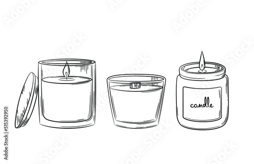 A selection of wax candles with a wick in a glass candlestick with a wooden lid. Sketch in doodle style. Drawing of a burning candle in a jar drawn in line style. Isolated vector illustration.