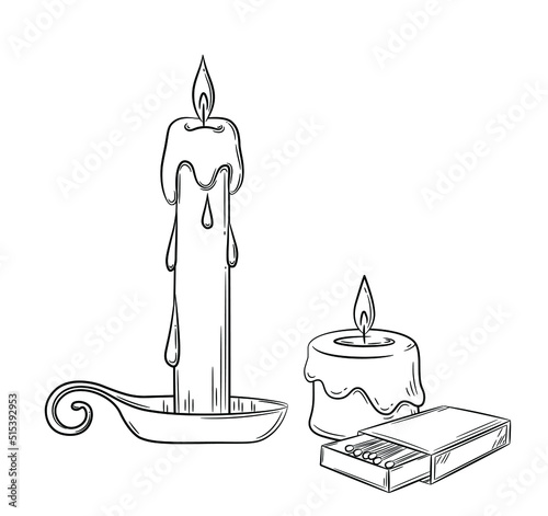 Wax candles with melting wax and matches hand drawn. Black outline drawing in doodle style. Isolated vector illustration.