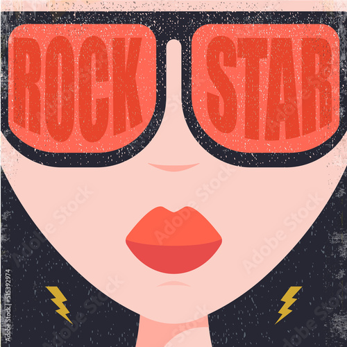 Modern cover with Abstract rock star girl with sunglasses. Stylish and fashion female avatar. Rock n roll party poster design template with woman