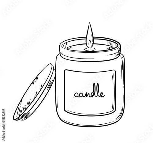 Wax candle with a wick in a glass candlestick with a wooden lid. Sketch in doodle style. Drawing of a burning candle in a jar drawn in line style. Isolated vector illustration.