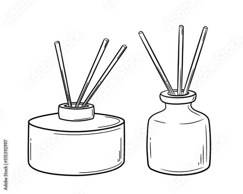 A set of aroma diffusers in a jar with wooden sticks for the home. Doodle sketch style. Linear simple diffuser hand drawn in line style. Isolated vector illustration.