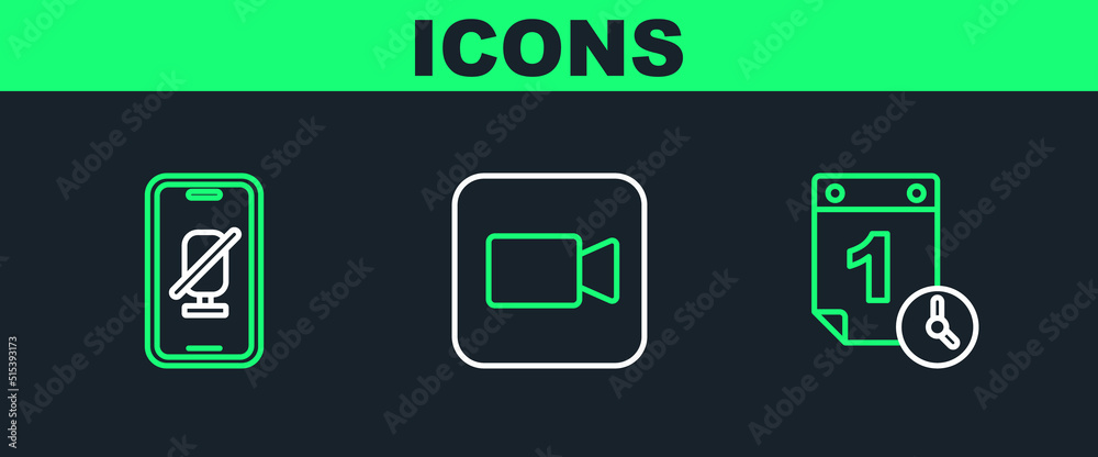 Set line Time management, Mute microphone on mobile and Camera icon. Vector