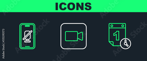 Set line Time management, Mute microphone on mobile and Camera icon. Vector