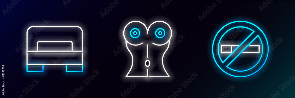 Set line No Smoking, Big bed and Women waist icon. Glowing neon. Vector Set line No Smoking, Big bed and Women waist icon. Glowing neon. Vector