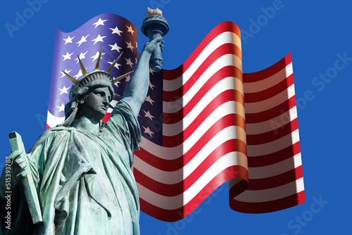 New York symbols. Statue of liberty and flag of United States. Statue of woman with torch and book. Symbols of USA independence. American Statue of Liberty on blue. USA Democracy concept. 3d image.