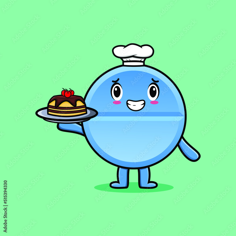 Cute Cartoon chef pill medicine character serving cake on tray cute style design in flat cartoon style concept