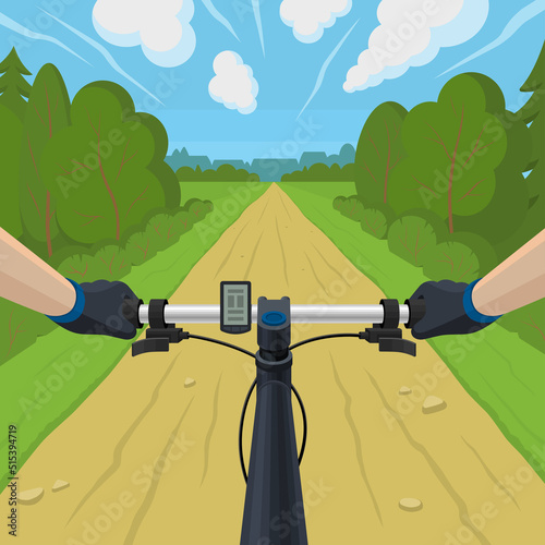 Summer bike ride. Hands on the handlebar of a bicycle. Bike travel on the forest road. POV from the eyes of a cyclist. Vector illustration in flat style photo