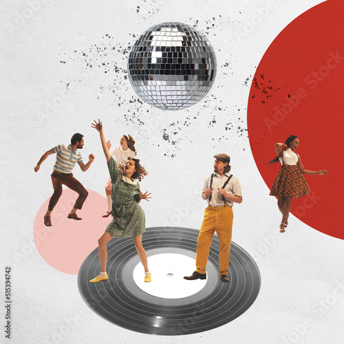 Contemporary art collage. Creative design. Group of young cheerful people in vintage clothes dancing on vinyl record, having celebration, party
